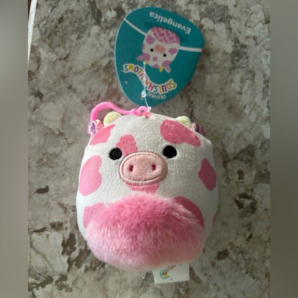 Kellytoy Squishmallow Evangelica Pink Cow Clip 3.5 inch NWT
